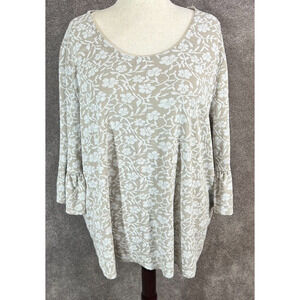 Catherines Top Womens 2X 22-24W Beige Floral 3/4 Bell Sleeve Rayon Blend Blouse